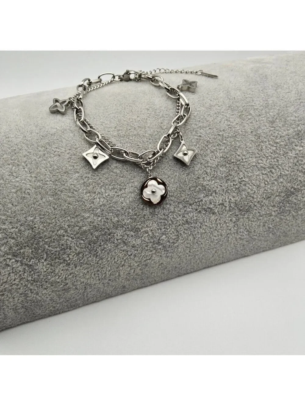 Pearl White Star Clover Charm Dual Chain Silver Toned Stainless Steel Bracelet